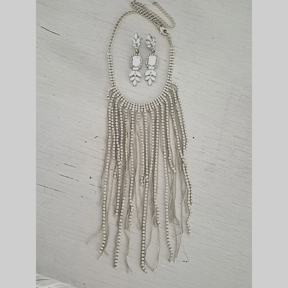 Long Rhinestone Bib Necklace with Earrings Set